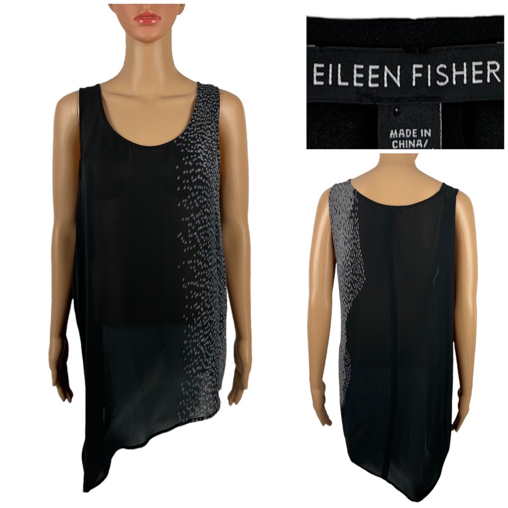 Eileen Fisher Womens Medium Top Sleeveless Black Cami Asymmetric 100% Silk EUC